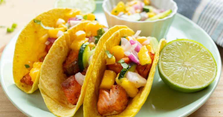 Salmon Tacos with Mango Salsa, Cucumber & Sweet Corn