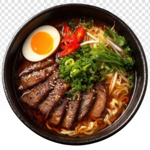Korean birria ramen with shredded beef, noodles, soft boiled egg and kimchi