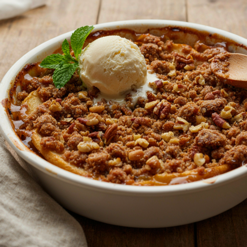 Warm homemade apple crisp with golden oat topping and vanilla ice cream