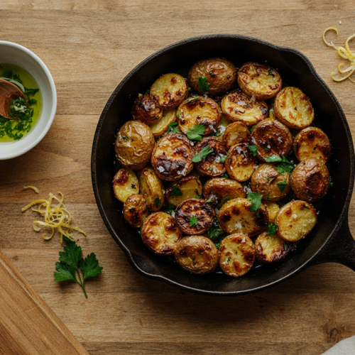 Crispy smashed potatoes with garlic and fresh herbs