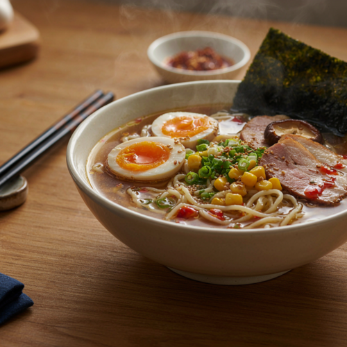 Best ramen broth recipe served with noodles, soft boiled egg, mushrooms and green onions