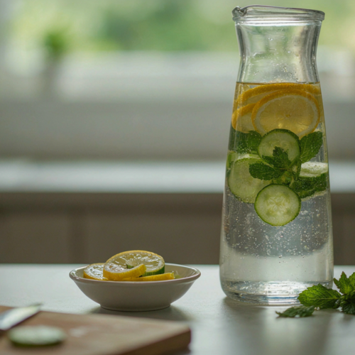 Lemon cucumber mint infused water in a glass pitcher